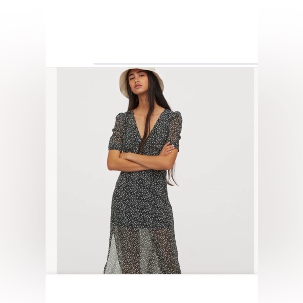 H&M Black Ditsy-Print Midi Dress with Puff Sleeves